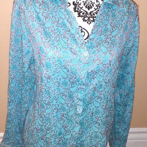 Sundance Turq Shirt w/ Red Embroidered Paisley & Turq Embroidered Flower Design
